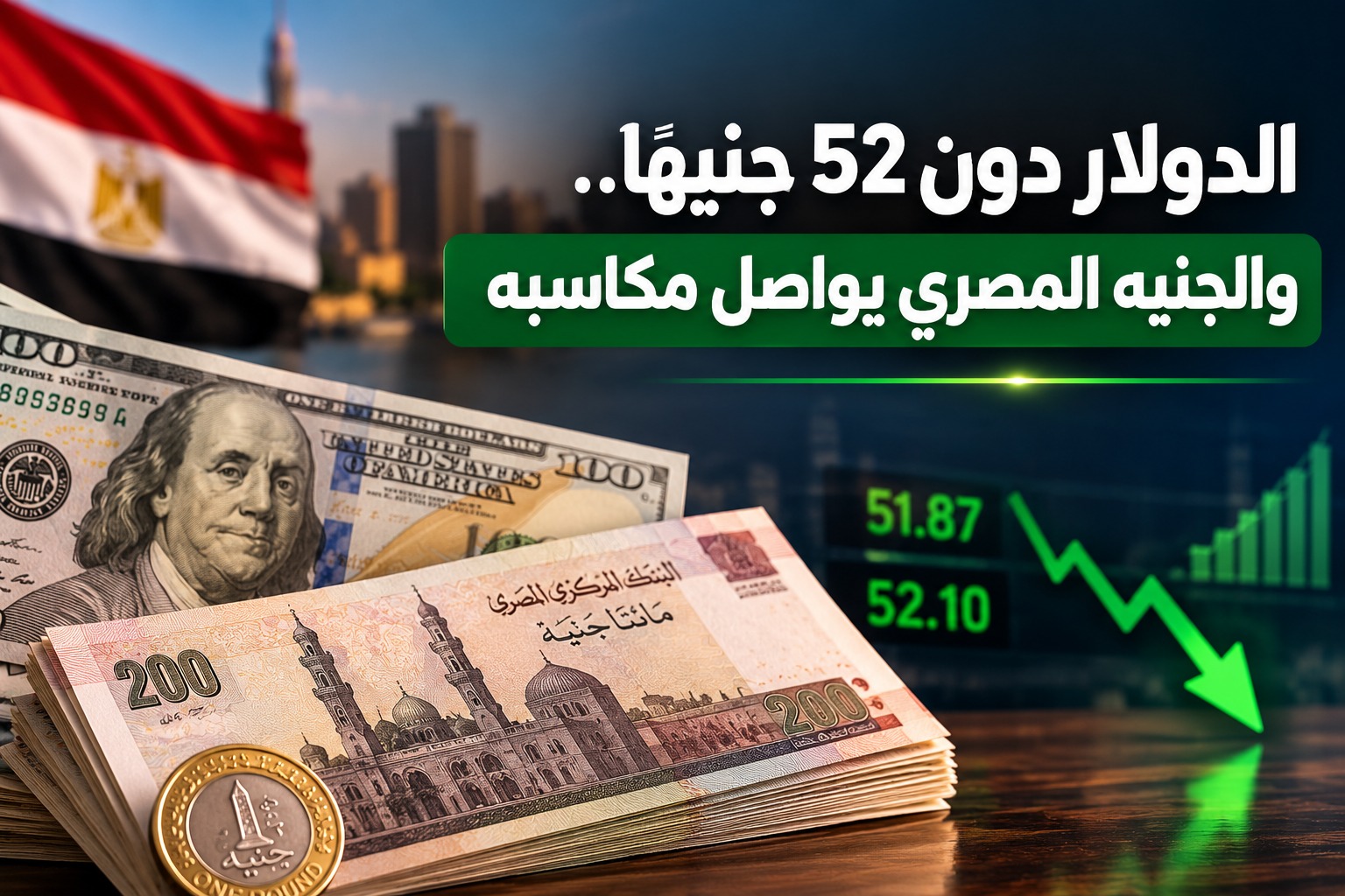 الدولار دون 52 جنيهًا.. والجنيه المصري يواصل مكاسبه